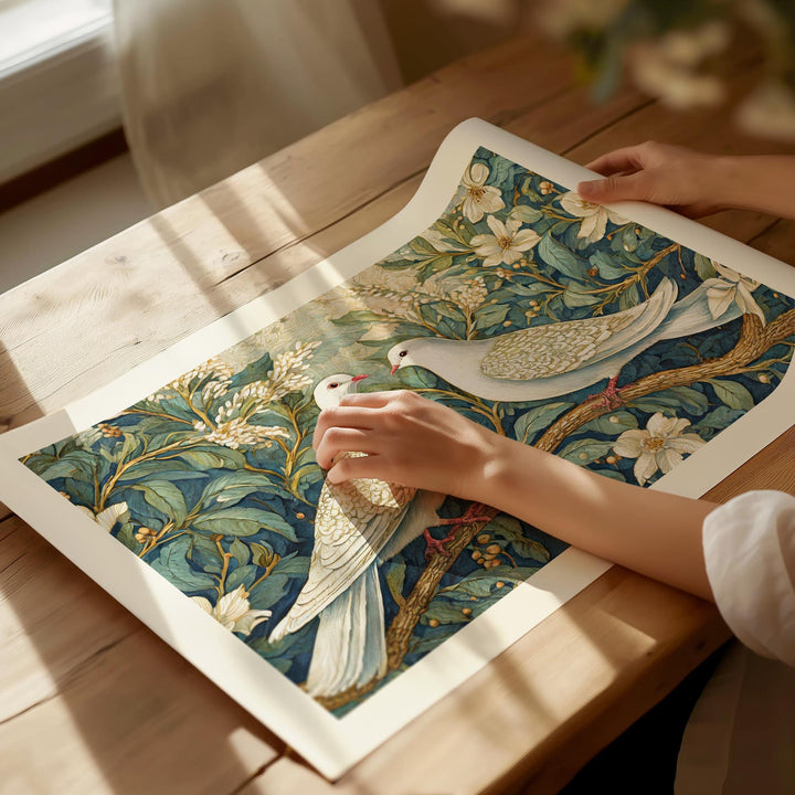 William Morris Style Doves Bird Print, Vintage Botanical Art, Vintage Floral Decor, Vintage Flower Living Room Wall Art, Exhibition Poster