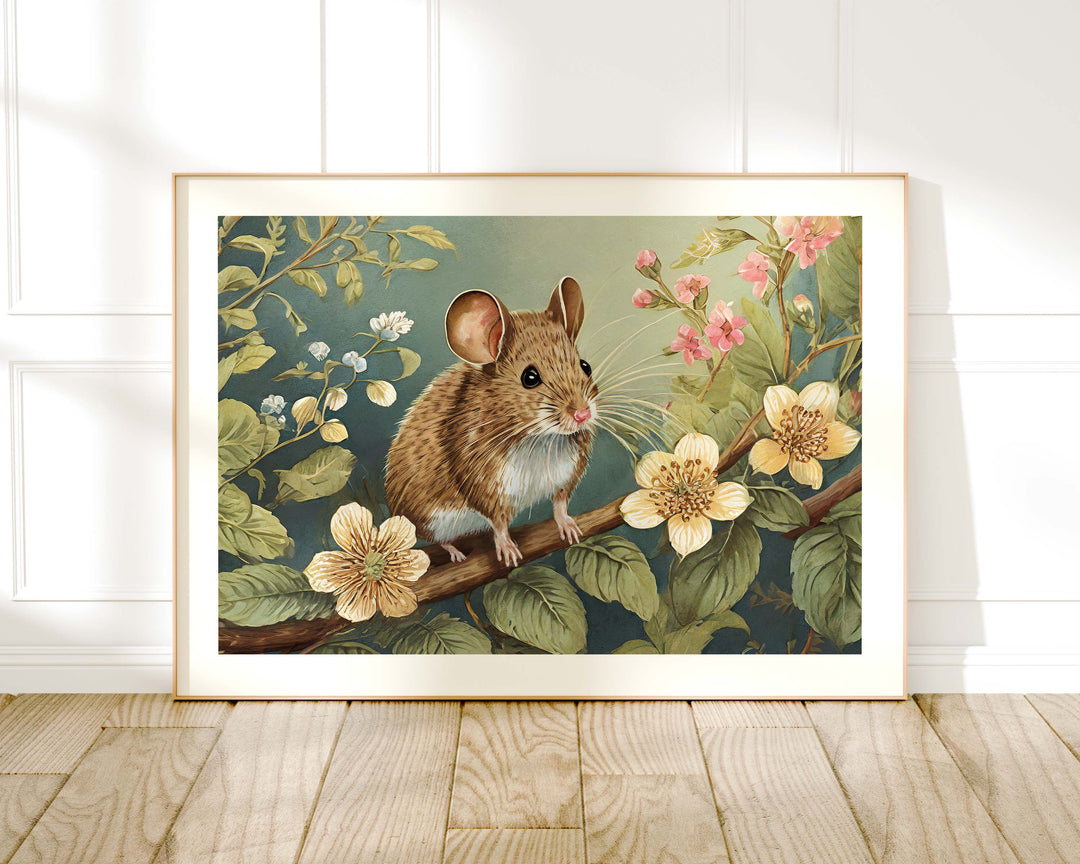 William Morris Style Mouse Print, Vintage Botanical Wildlife Animal Art, Nature Home Decor, Original Living Room Wall Art, Exhibition Poster