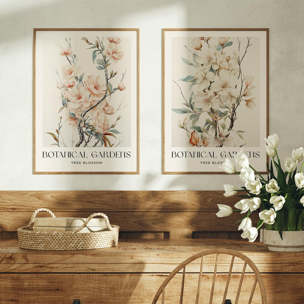 Set of 2 Vintage Botanical Prints, Tree Blossom Spring Flower Wall Art, Nature Farmhouse Country Kitchen Decor, Pastel Pink Floral Print Set