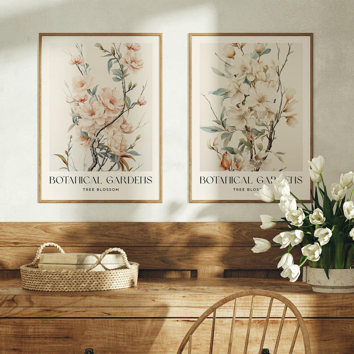 Set of 2 Vintage Botanical Prints, Tree Blossom Spring Flower Wall Art, Nature Farmhouse Country Kitchen Decor, Pastel Pink Floral Print Set
