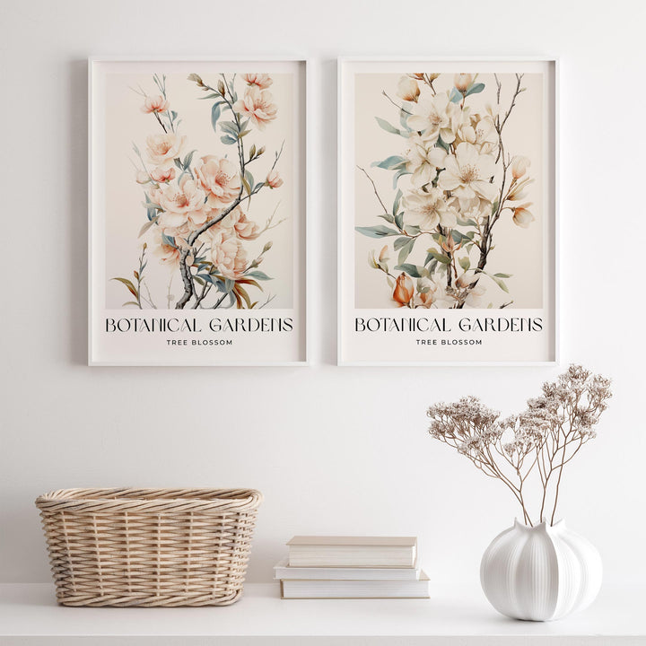Set of 2 Vintage Botanical Prints, Tree Blossom Spring Flower Wall Art, Nature Farmhouse Country Kitchen Decor, Pastel Pink Floral Print Set