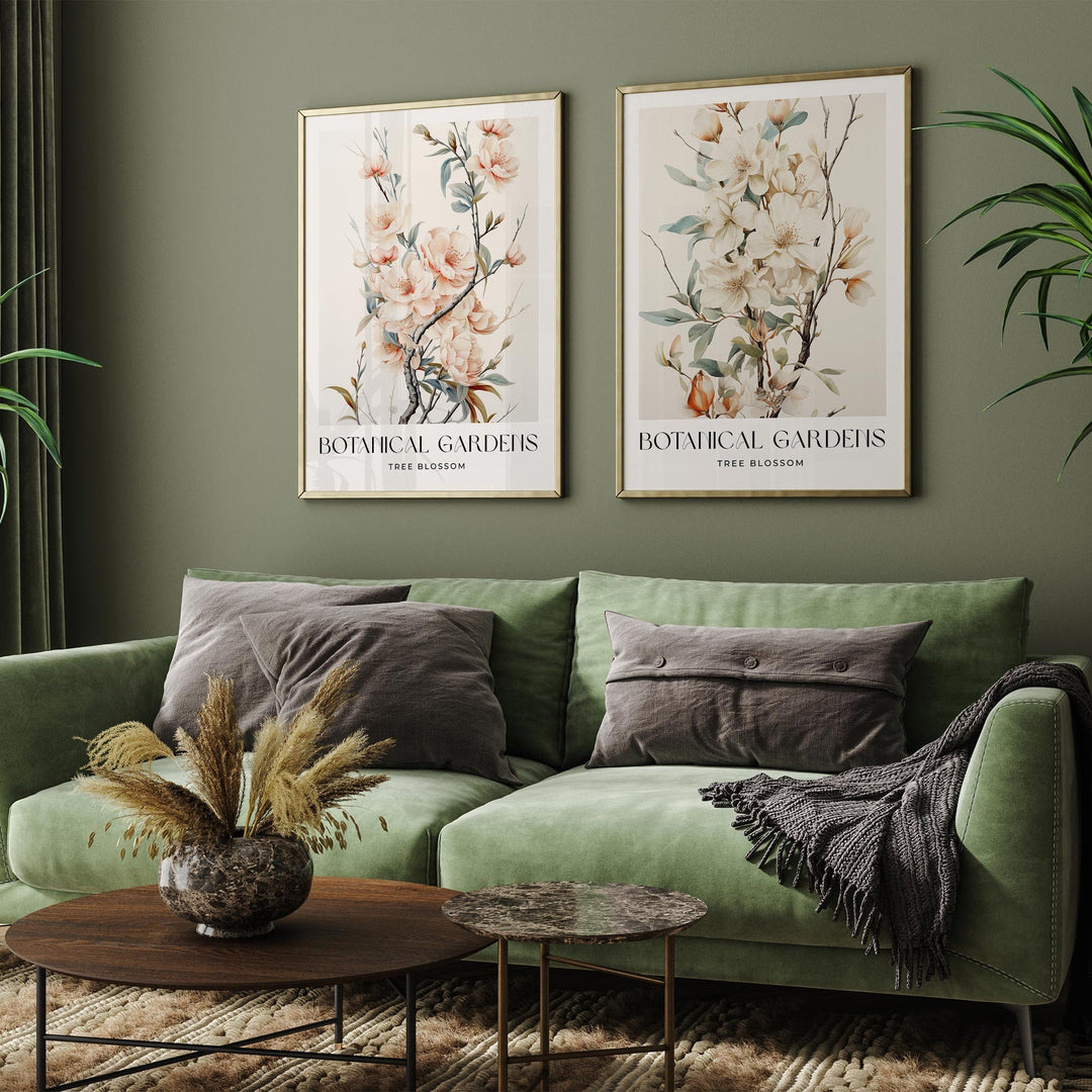 Set of 2 Vintage Botanical Prints, Tree Blossom Spring Flower Wall Art, Nature Farmhouse Country Kitchen Decor, Pastel Pink Floral Print Set