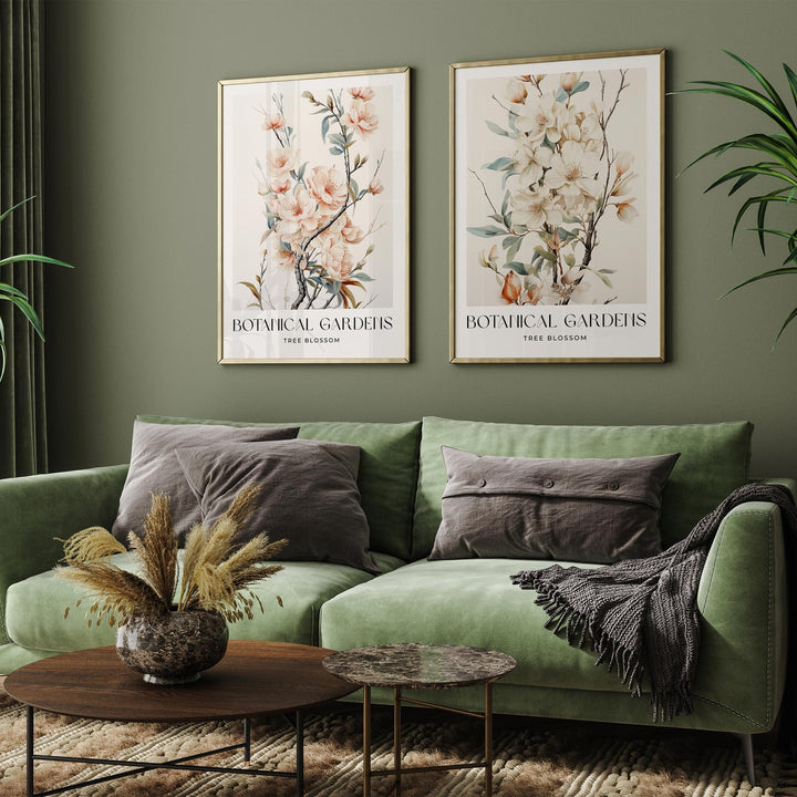 Set of 2 Vintage Botanical Prints, Tree Blossom Spring Flower Wall Art, Nature Farmhouse Country Kitchen Decor, Pastel Pink Floral Print Set