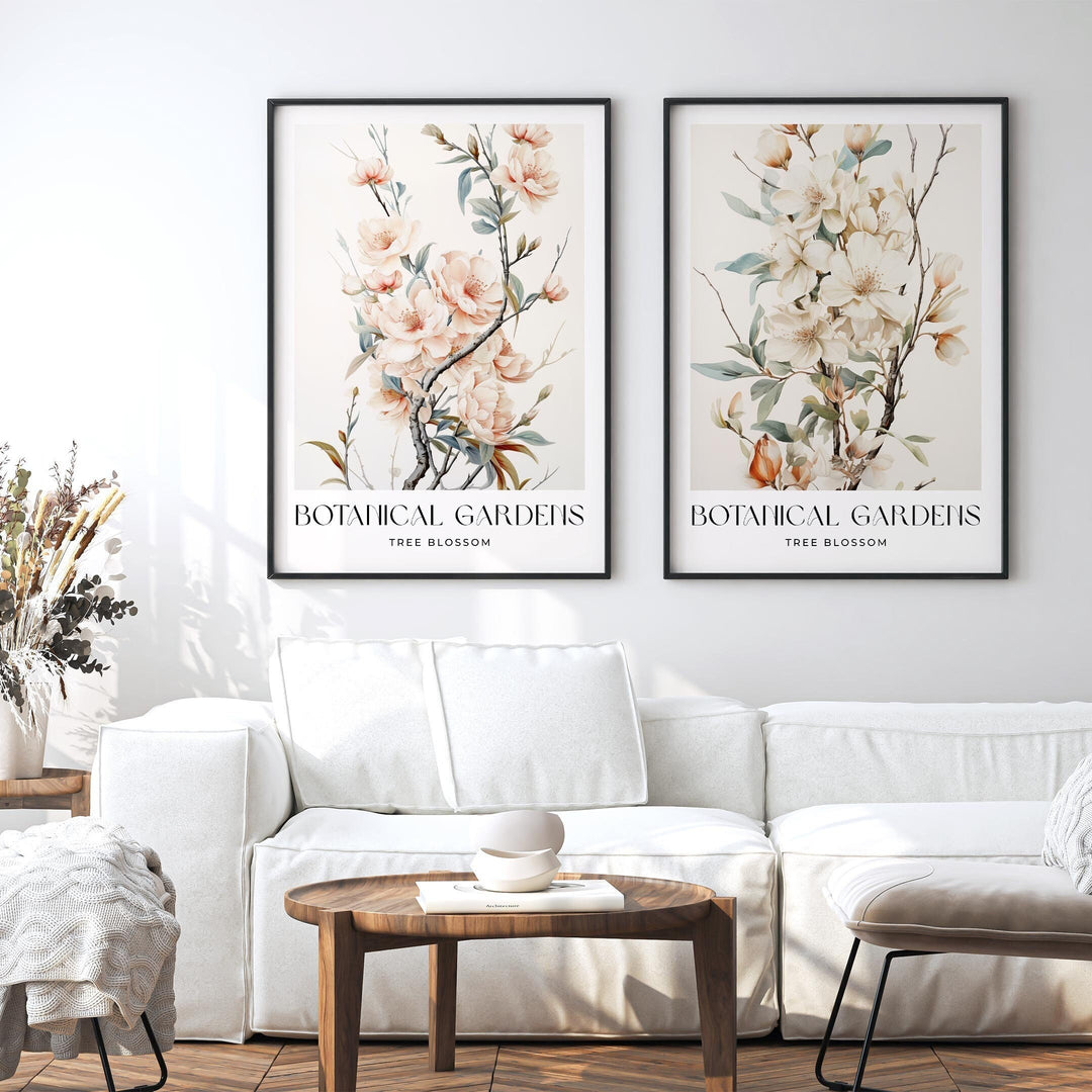 Set of 2 Vintage Botanical Prints, Tree Blossom Spring Flower Wall Art, Nature Farmhouse Country Kitchen Decor, Pastel Pink Floral Print Set
