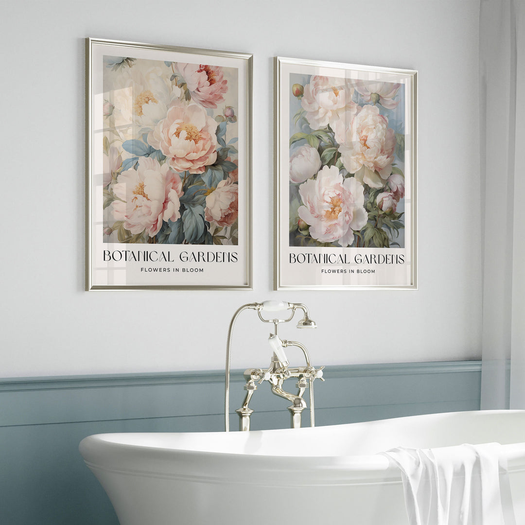 Set of 2 Vintage Botanical Prints, Shabby Chic Floral Home Garden Decor, Antique Flowers Wall Art, Country Farmhouse Pastel Pink Print Set