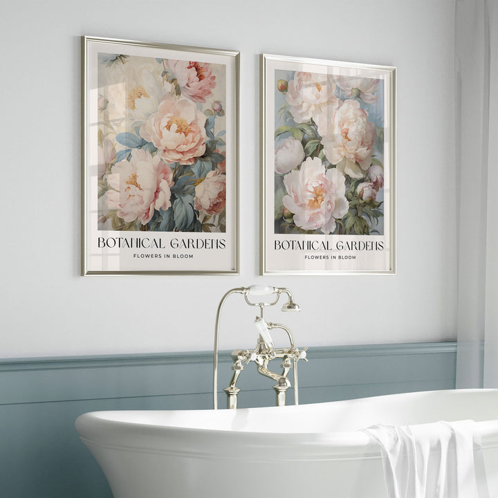 Set of 2 Vintage Botanical Prints, Shabby Chic Floral Home Garden Decor, Antique Flowers Wall Art, Country Farmhouse Pastel Pink Print Set