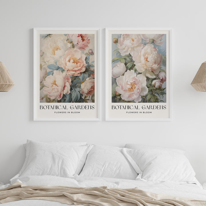 Set of 2 Vintage Botanical Prints, Shabby Chic Floral Home Garden Decor, Antique Flowers Wall Art, Country Farmhouse Pastel Pink Print Set