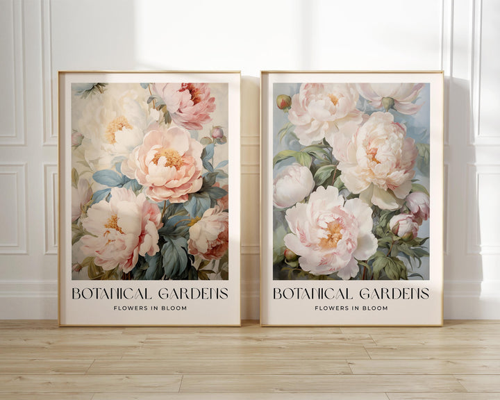 Set of 2 Vintage Botanical Prints, Shabby Chic Floral Home Garden Decor, Antique Flowers Wall Art, Country Farmhouse Pastel Pink Print Set