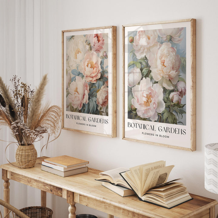 Set of 2 Vintage Botanical Prints, Shabby Chic Floral Home Garden Decor, Antique Flowers Wall Art, Country Farmhouse Pastel Pink Print Set
