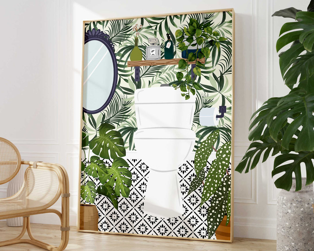 Funny Bathroom Prints, Toilet Art Bathroom Humour Decor, Fun Maximalist Wall Art, Tropical Modern Bathroom Poster, Green Washroom Picture