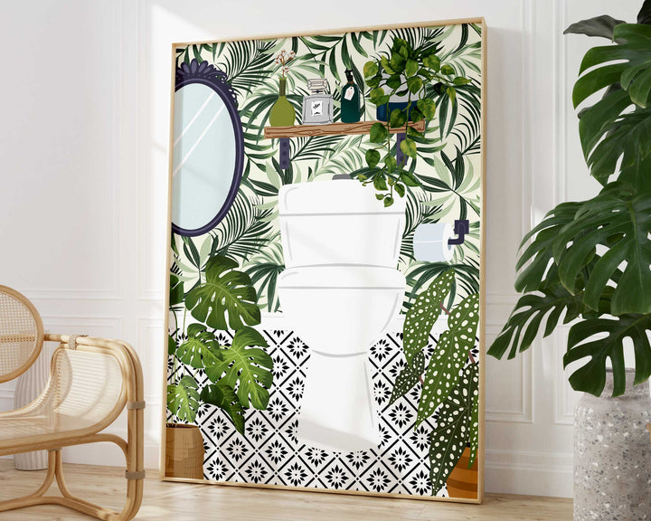 Funny Bathroom Prints, Toilet Art Bathroom Humour Decor, Fun Maximalist Wall Art, Tropical Modern Bathroom Poster, Green Washroom Picture