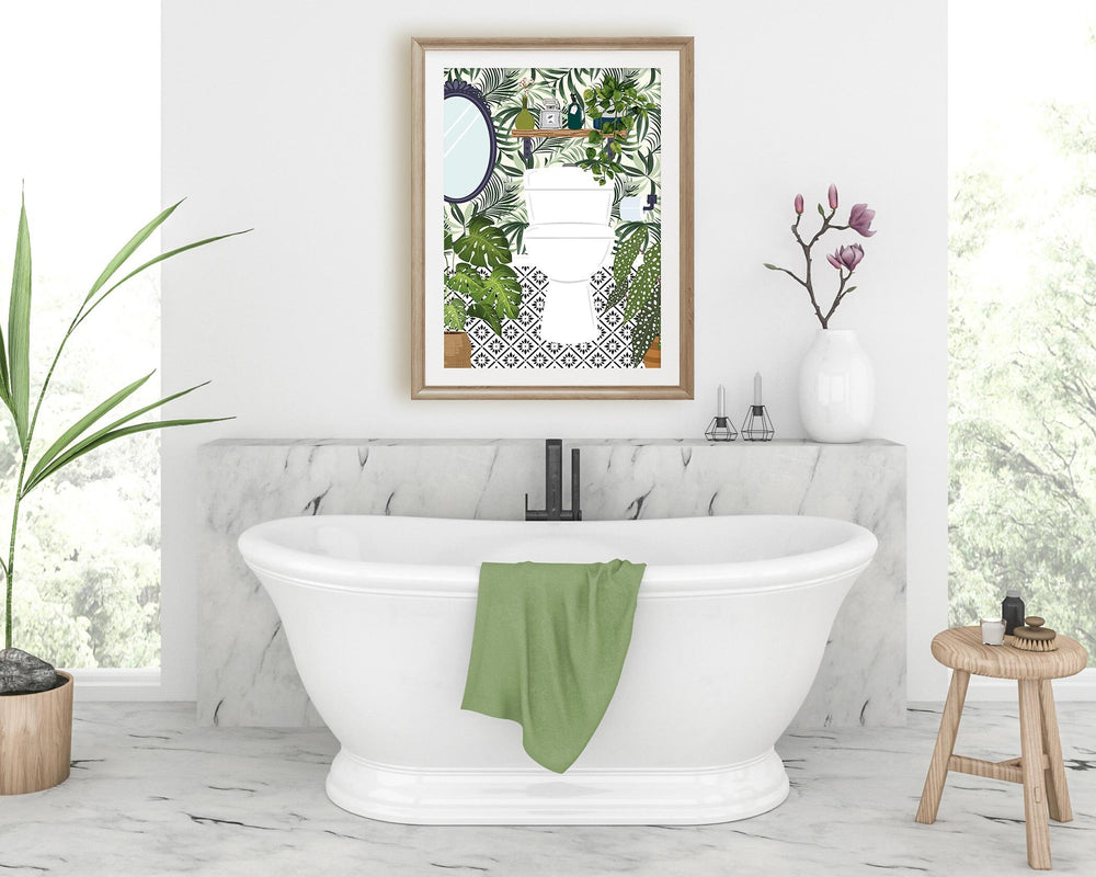Funny Bathroom Prints, Toilet Art Bathroom Humour Decor, Fun Maximalist Wall Art, Tropical Modern Bathroom Poster, Green Washroom Picture