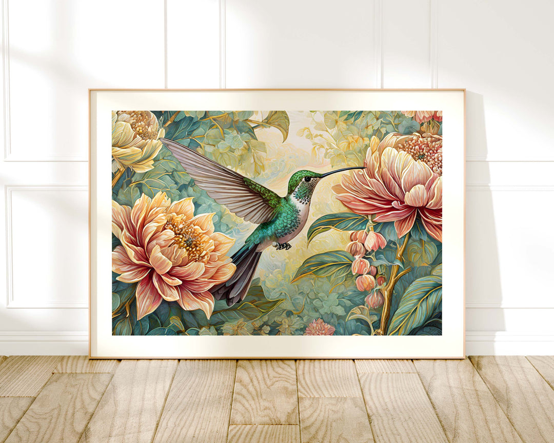 William Morris Style Hummingbird Print, Vintage Botanical Bird Wall Art, Floral Art, Floral Decor, William Morris Style Exhibition Poster