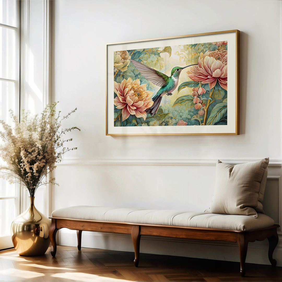 William Morris Style Hummingbird Print, Vintage Botanical Bird Wall Art, Floral Art, Floral Decor, William Morris Style Exhibition Poster