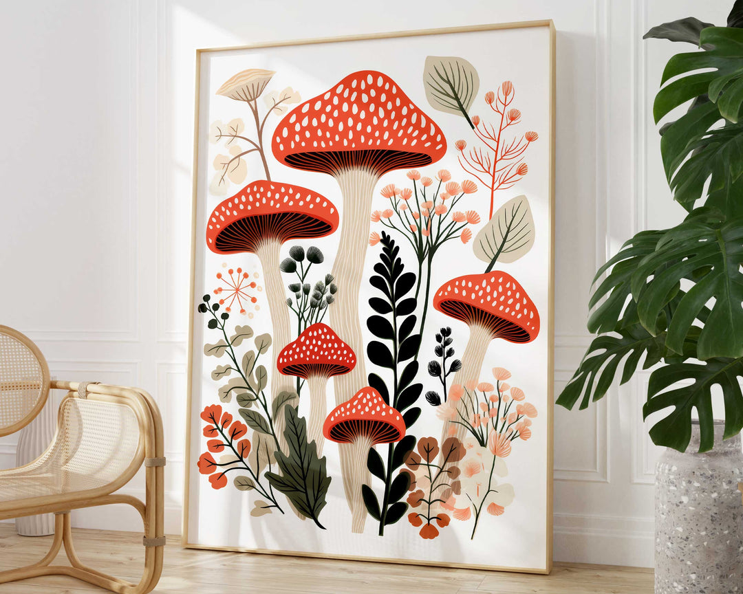 Boho Wild Mushroom Print, Minimalist Botanical Nature Wall Art, Modern Floral Fungi Poster, Wild Flowers Living Room Kitchen Decor, Food Art