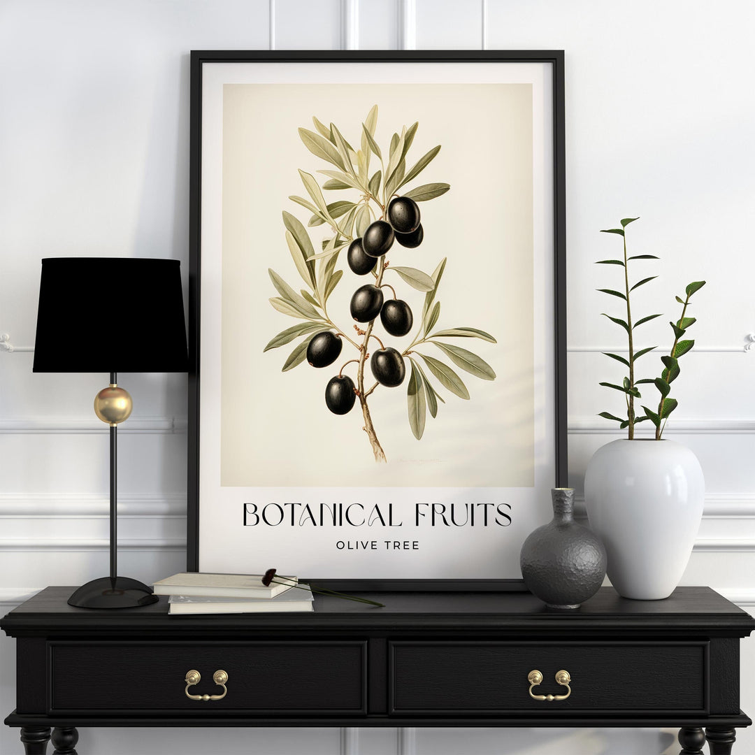 Olive Branch Vintage Botanical Art Print, Black Olive Tree Fruit Poster, Farmhouse Kitchen Decor Wall Art, Watercolour Original Art Painting