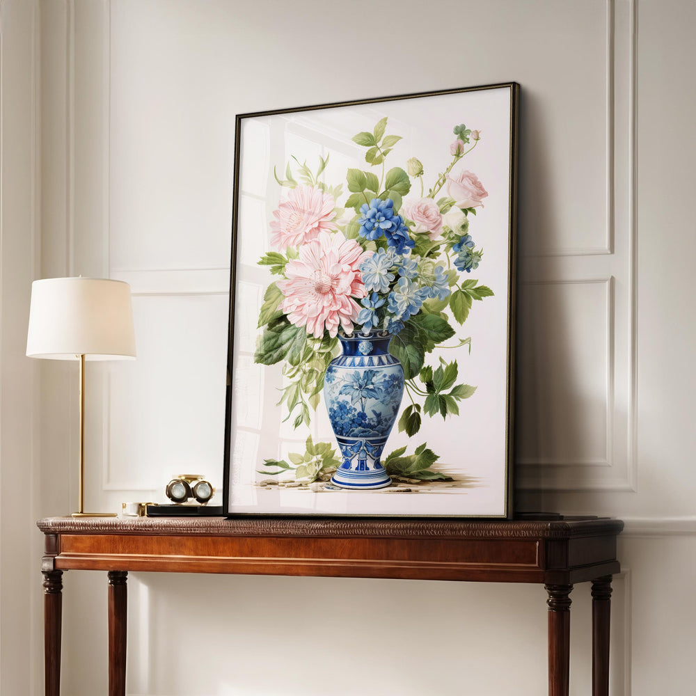 Chinoiserie Flower Vase Print, Blue Willow Oriental Wall Art, French Botanical Shabby Chic Vintage Watercolor Painting, Grandmillenial Decor