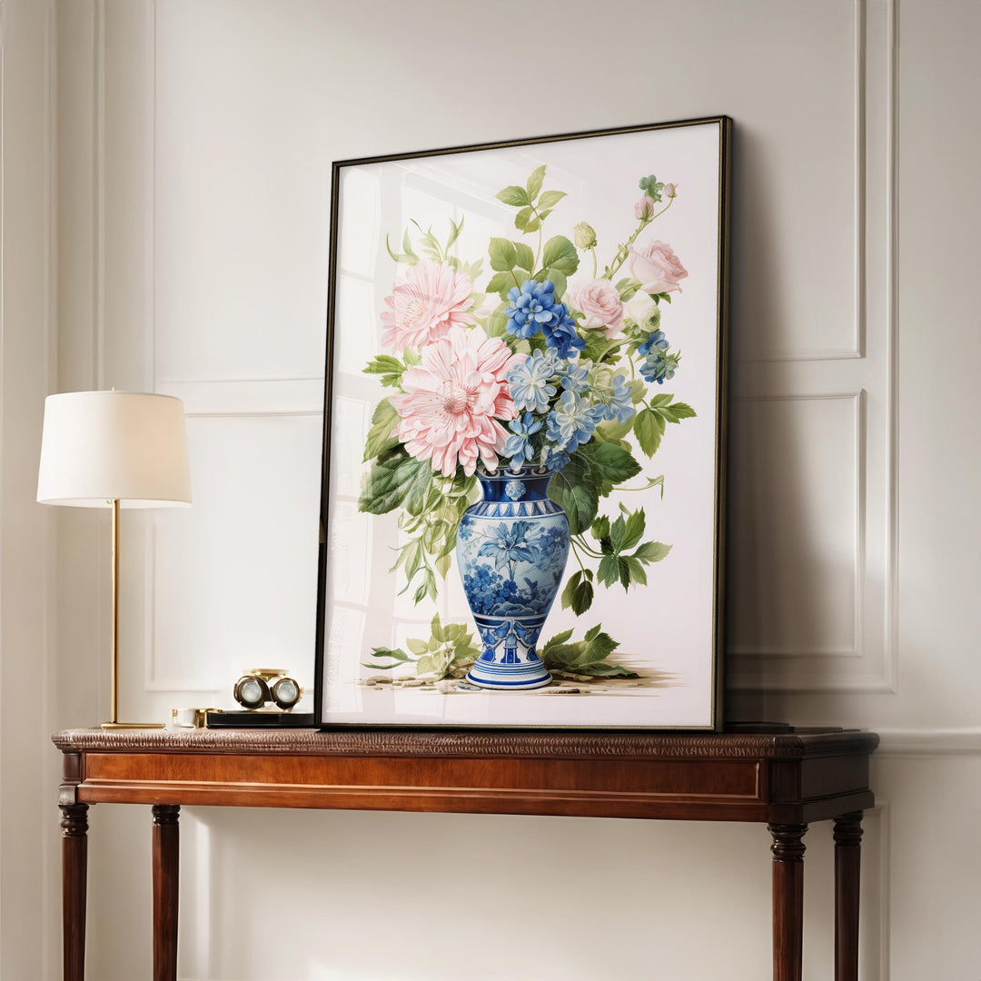 Chinoiserie Flower Vase Print, Blue Willow Oriental Wall Art, French Botanical Shabby Chic Vintage Watercolor Painting, Grandmillenial Decor