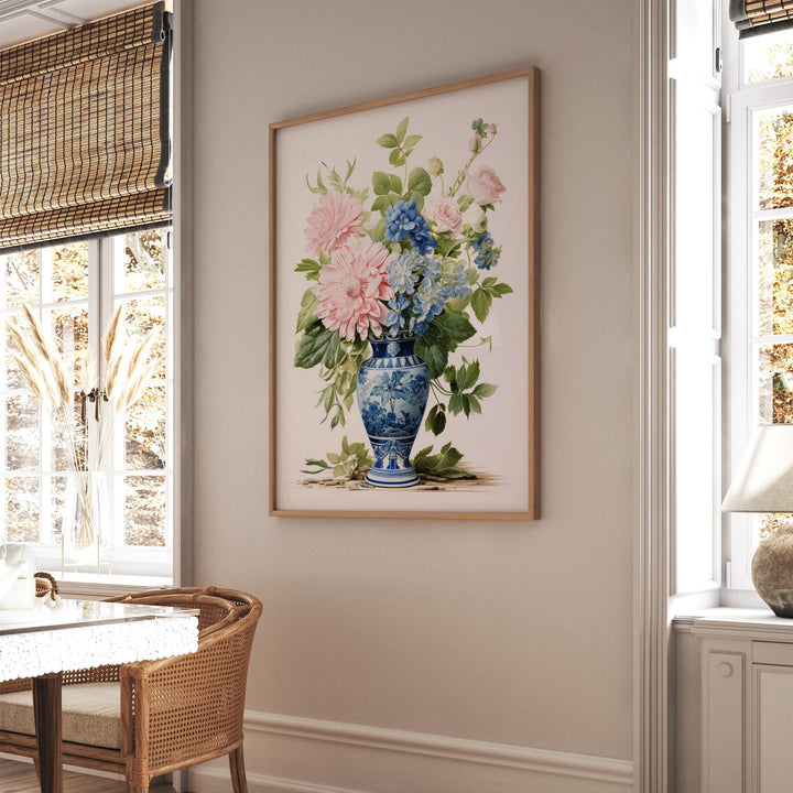 Chinoiserie Flower Vase Print, Blue Willow Oriental Wall Art, French Botanical Shabby Chic Vintage Watercolor Painting, Grandmillenial Decor