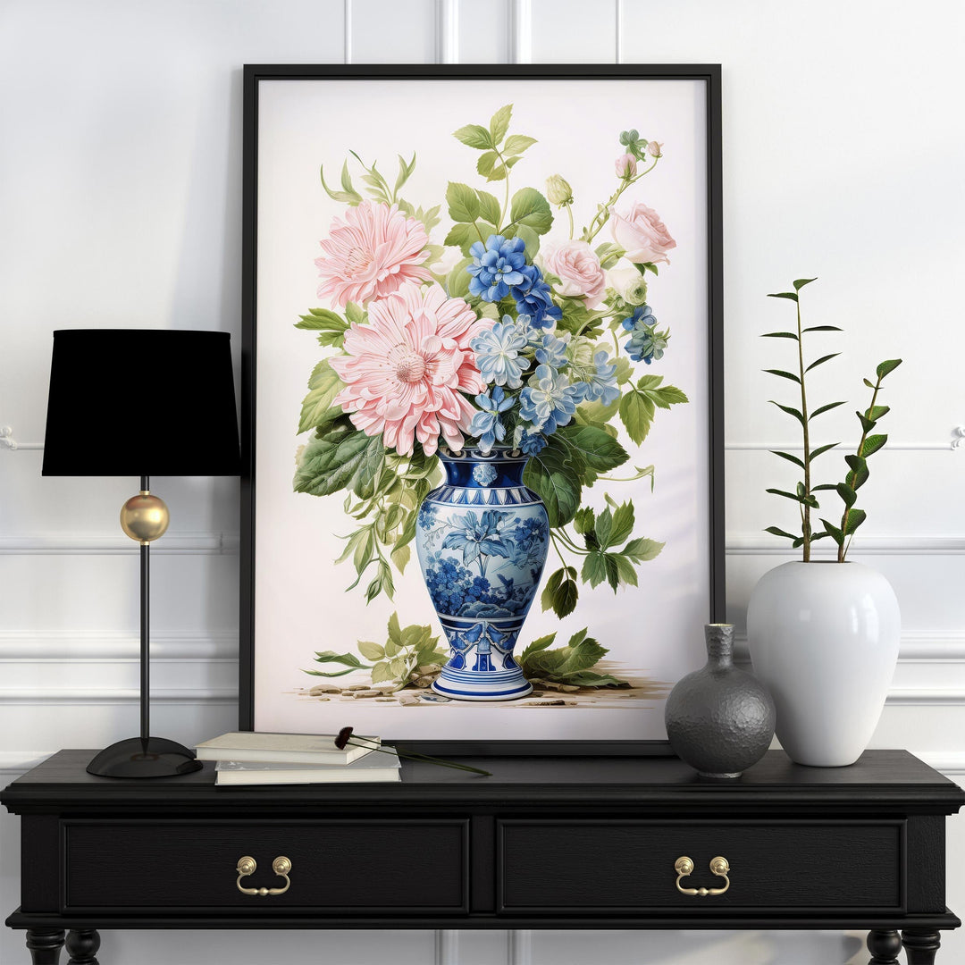 Chinoiserie Flower Vase Print, Blue Willow Oriental Wall Art, French Botanical Shabby Chic Vintage Watercolor Painting, Grandmillenial Decor