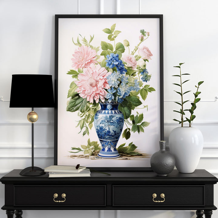 Chinoiserie Flower Vase Print, Blue Willow Oriental Wall Art, French Botanical Shabby Chic Vintage Watercolor Painting, Grandmillenial Decor