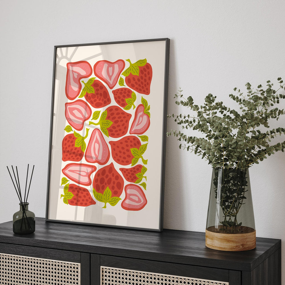 Strawberry Matisse Minimalist Style Print, Abstract Mid Century Fruit Poster, Botanical Kitchen Decor Wall Art, Modern Fun Food Illustration