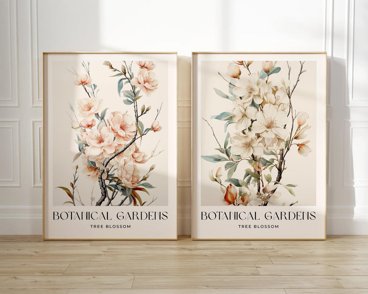 Set of 2 Vintage Botanical Prints, Tree Blossom Spring Flower Wall Art, Nature Farmhouse Country Kitchen Decor, Pastel Pink Floral Print Set