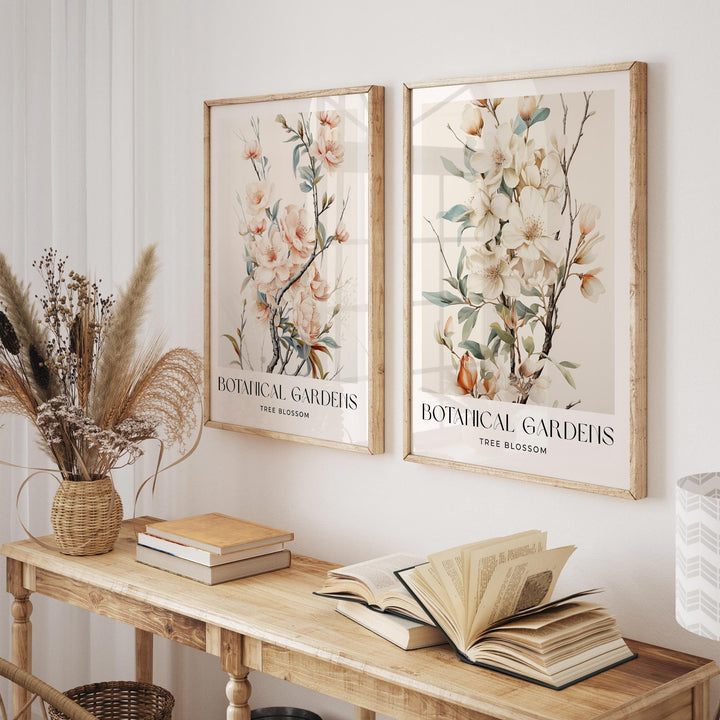 Set of 2 Vintage Botanical Prints, Tree Blossom Spring Flower Wall Art, Nature Farmhouse Country Kitchen Decor, Pastel Pink Floral Print Set