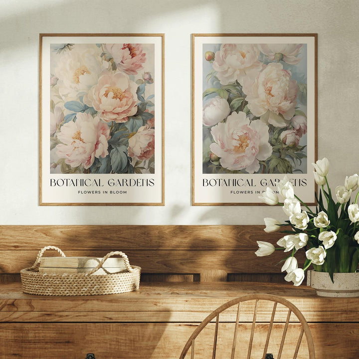 Set of 2 Vintage Botanical Prints, Shabby Chic Floral Home Garden Decor, Antique Flowers Wall Art, Country Farmhouse Pastel Pink Print Set