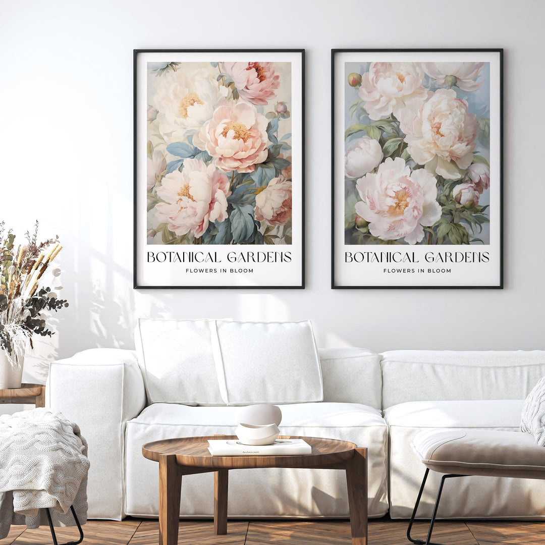 Set of 2 Vintage Botanical Prints, Shabby Chic Floral Home Garden Decor, Antique Flowers Wall Art, Country Farmhouse Pastel Pink Print Set
