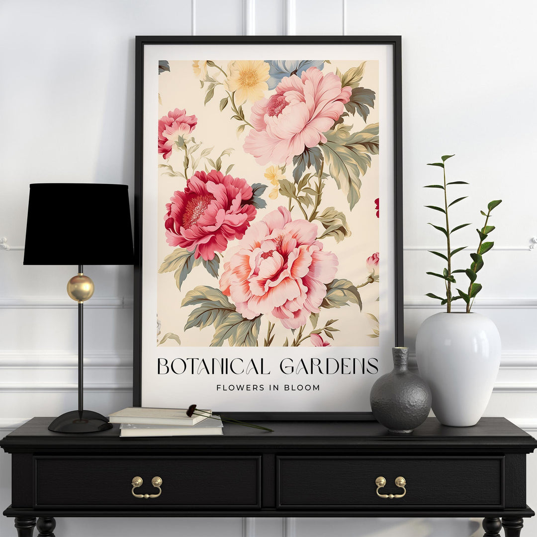 William Morris Inspired Vintage Botanical Print, Pink Flowers Home Decor, Colourful Art Nouveau Wall Art, Large Floral Exhibition Poster