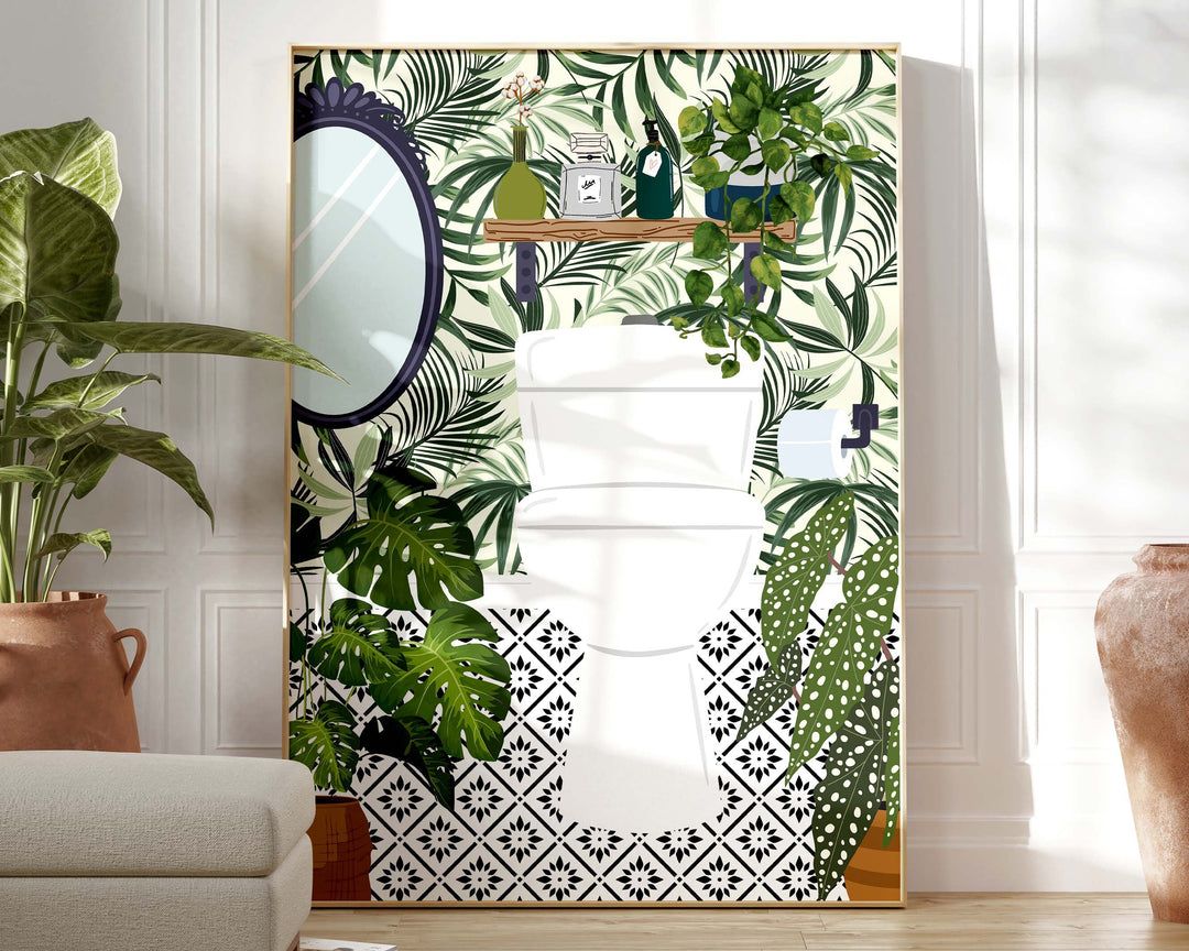 Funny Bathroom Prints, Toilet Art Bathroom Humour Decor, Fun Maximalist Wall Art, Tropical Modern Bathroom Poster, Green Washroom Picture
