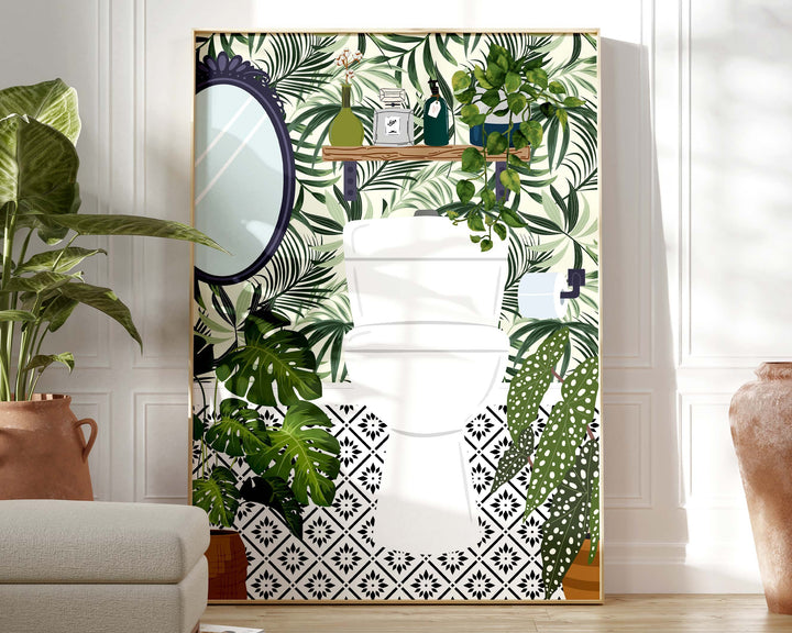 Funny Bathroom Prints, Toilet Art Bathroom Humour Decor, Fun Maximalist Wall Art, Tropical Modern Bathroom Poster, Green Washroom Picture