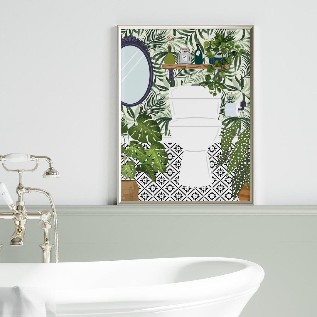 Funny Bathroom Prints, Toilet Art Bathroom Humour Decor, Fun Maximalist Wall Art, Tropical Modern Bathroom Poster, Green Washroom Picture