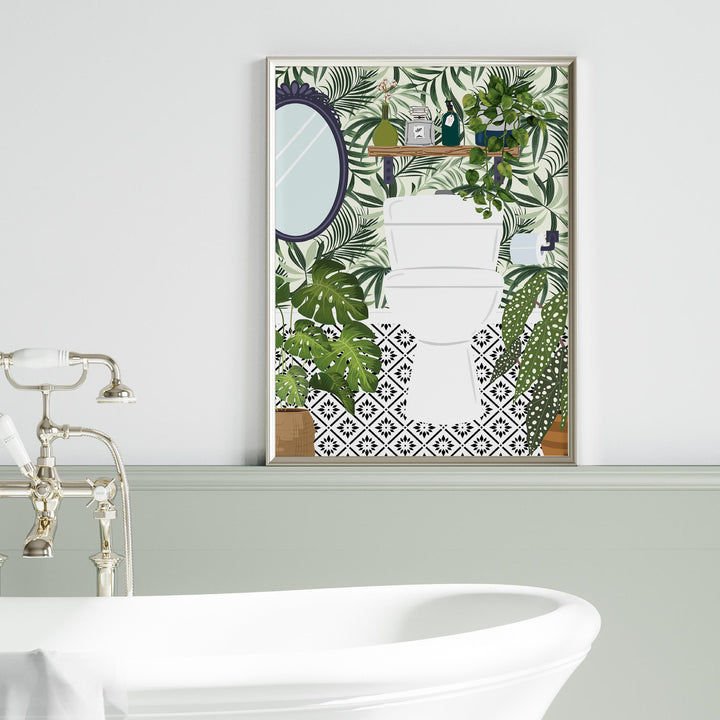 Funny Bathroom Prints, Toilet Art Bathroom Humour Decor, Fun Maximalist Wall Art, Tropical Modern Bathroom Poster, Green Washroom Picture
