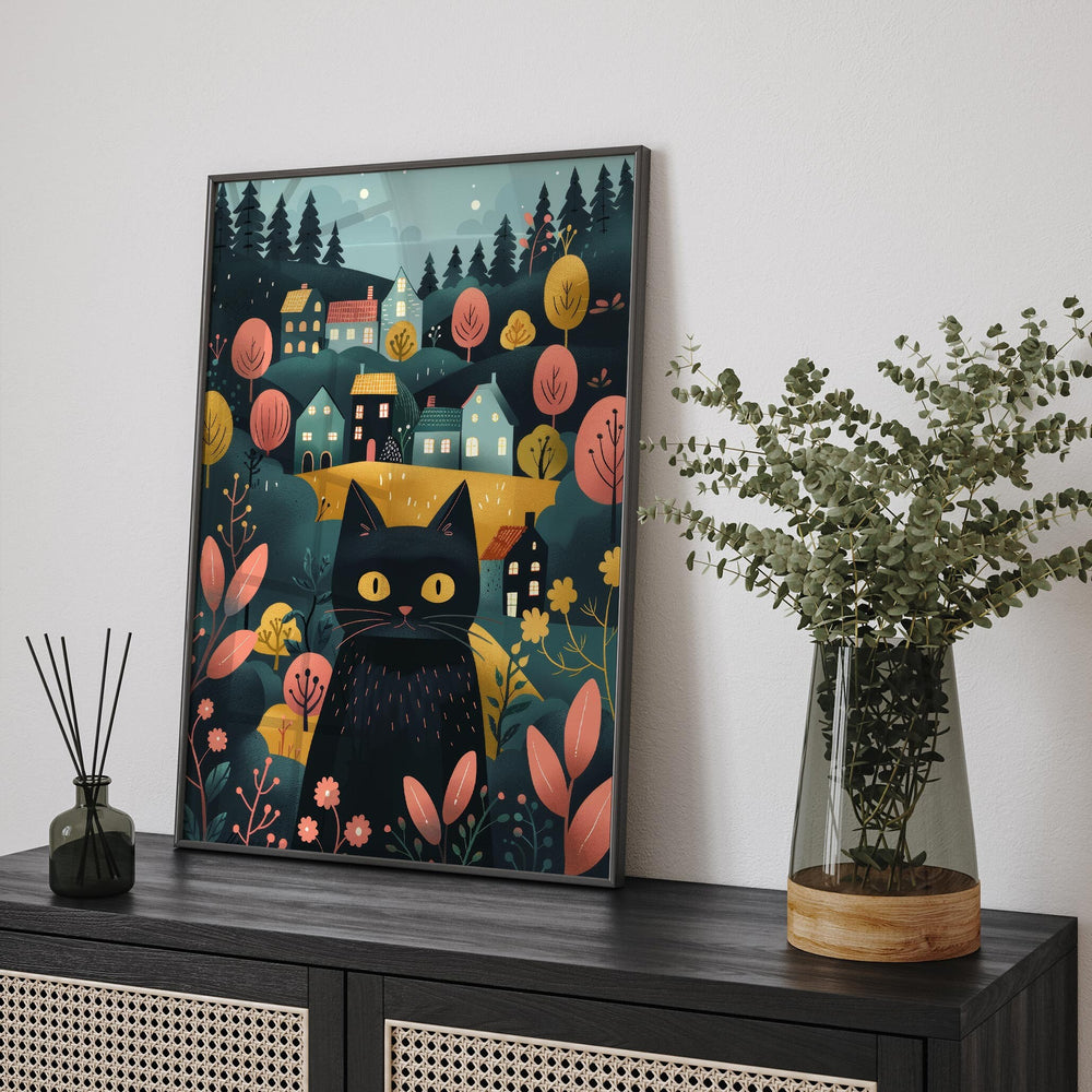 Boho Folk Art Black Cat Print, Whimsical Folklore Abstract Wall Art, Cottagecore Eclectic Animal Illustration, Modern Nordic Floral Decor