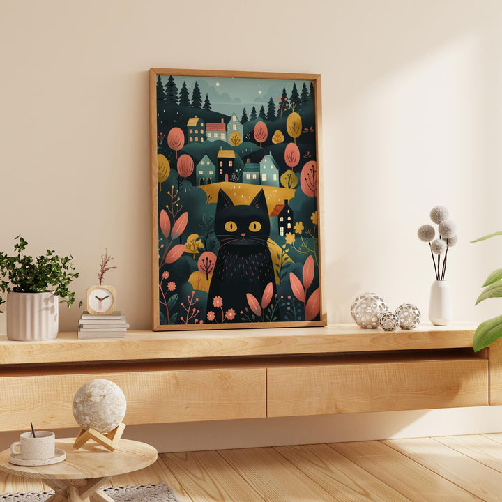 Boho Folk Art Black Cat Print, Whimsical Folklore Abstract Wall Art, Cottagecore Eclectic Animal Illustration, Modern Nordic Floral Decor