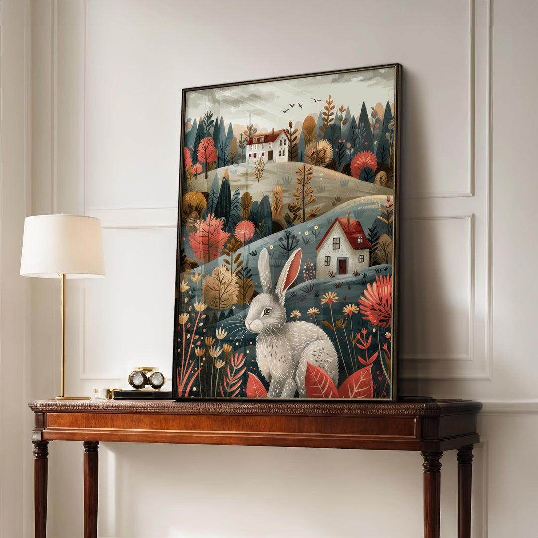Boho Folk Art Hare Print, Whimsical Folklore Abstract Wall Art, Cottagecore Eclectic Forest Animal Illustration, Modern Nordic Floral Decor