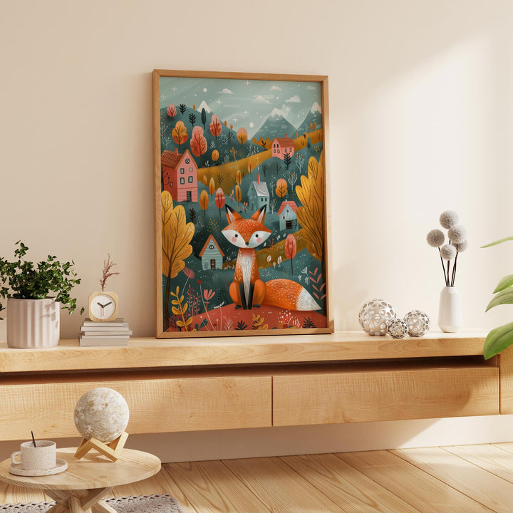 Boho Folk Art Fox Print, Whimsical Folklore Abstract Wall Art, Cottagecore Eclectic Forest Animal Illustration, Modern Nordic Floral Decor