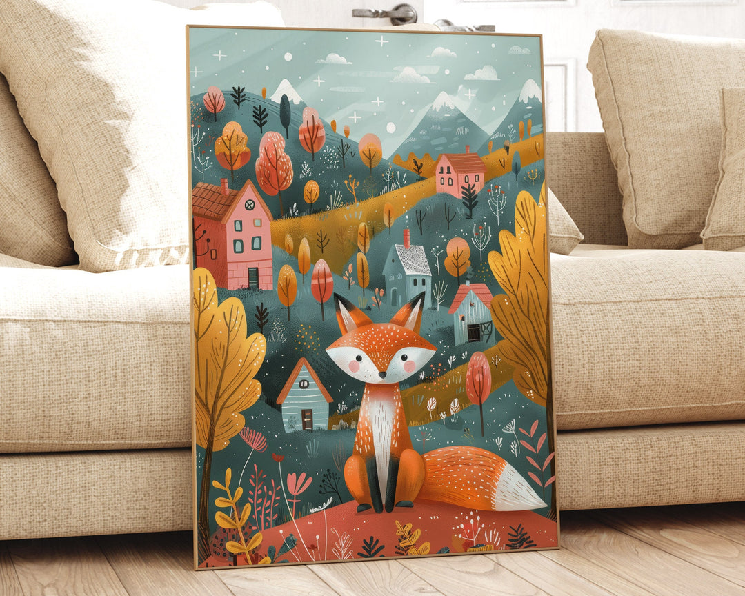 Boho Folk Art Fox Print, Whimsical Folklore Abstract Wall Art, Cottagecore Eclectic Forest Animal Illustration, Modern Nordic Floral Decor