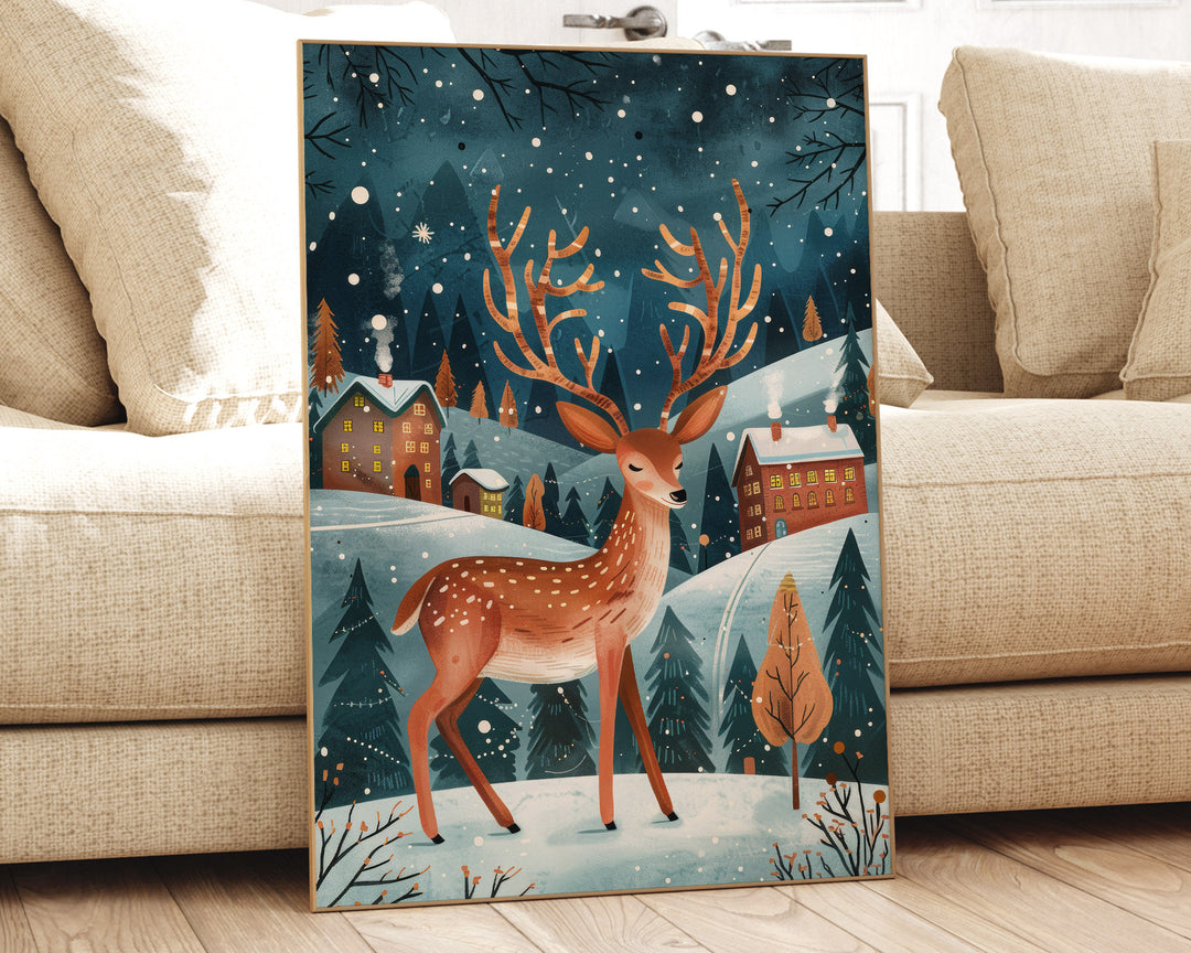 Boho Folk Art Deer Print, Whimsical Folklore Abstract Wall Art, Cottagecore Eclectic Forest Animal Illustration, Modern Nordic Floral Decor