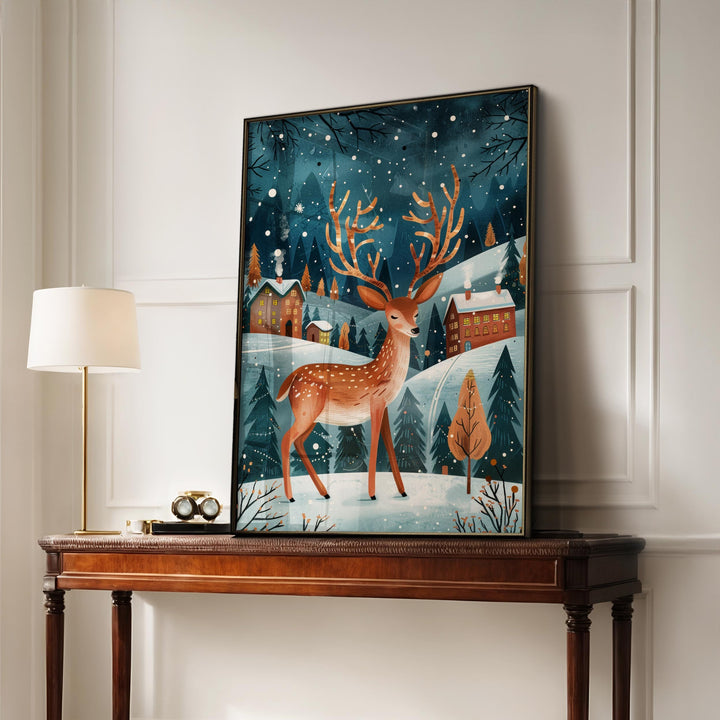 Boho Folk Art Deer Print, Whimsical Folklore Abstract Wall Art, Cottagecore Eclectic Forest Animal Illustration, Modern Nordic Floral Decor