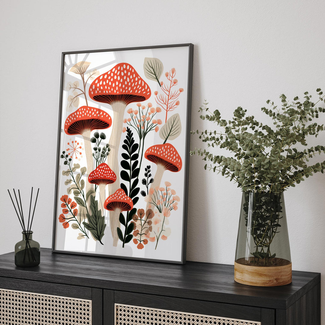 Boho Wild Mushroom Print, Minimalist Botanical Nature Wall Art, Modern Floral Fungi Poster, Wild Flowers Living Room Kitchen Decor, Food Art