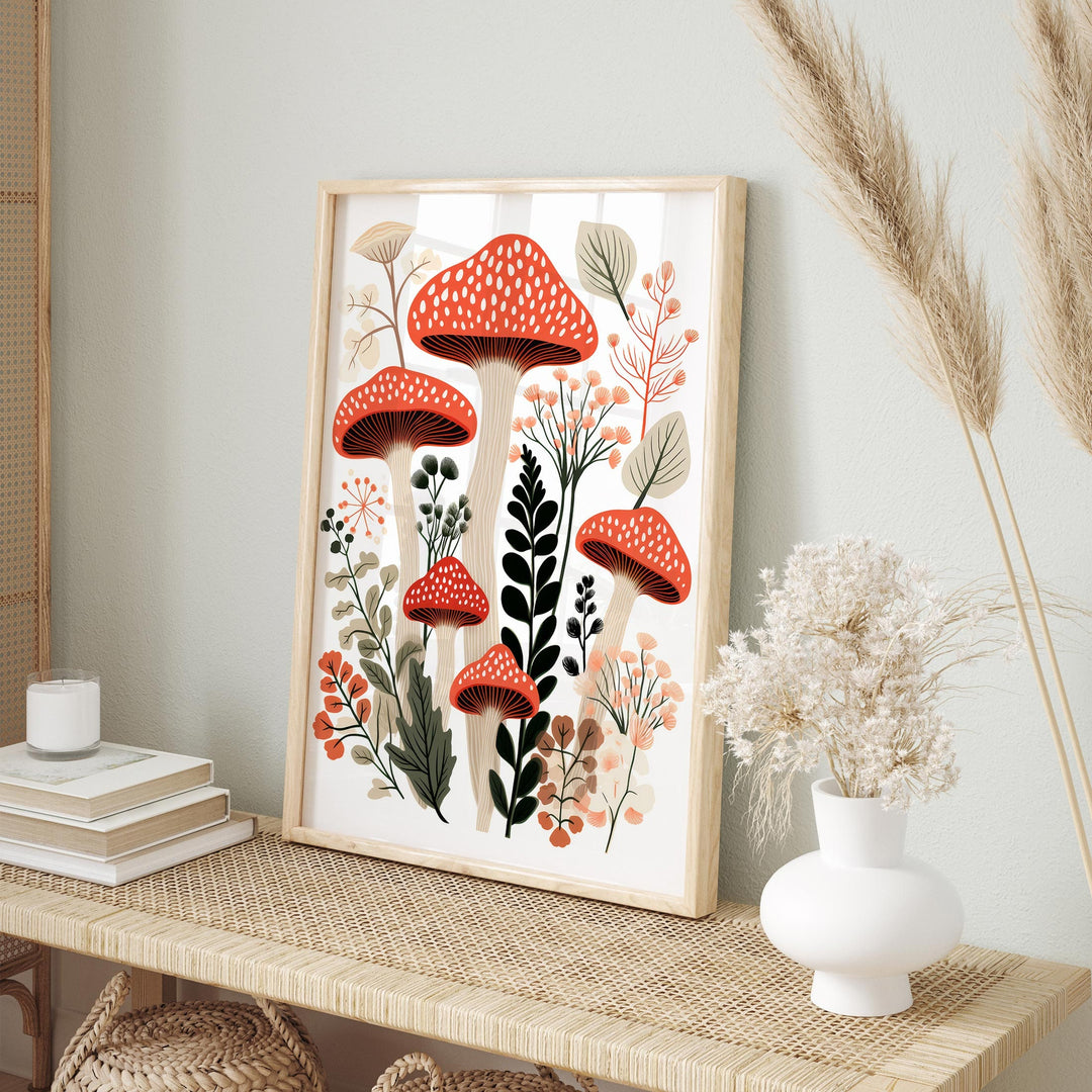 Boho Wild Mushroom Print, Minimalist Botanical Nature Wall Art, Modern Floral Fungi Poster, Wild Flowers Living Room Kitchen Decor, Food Art