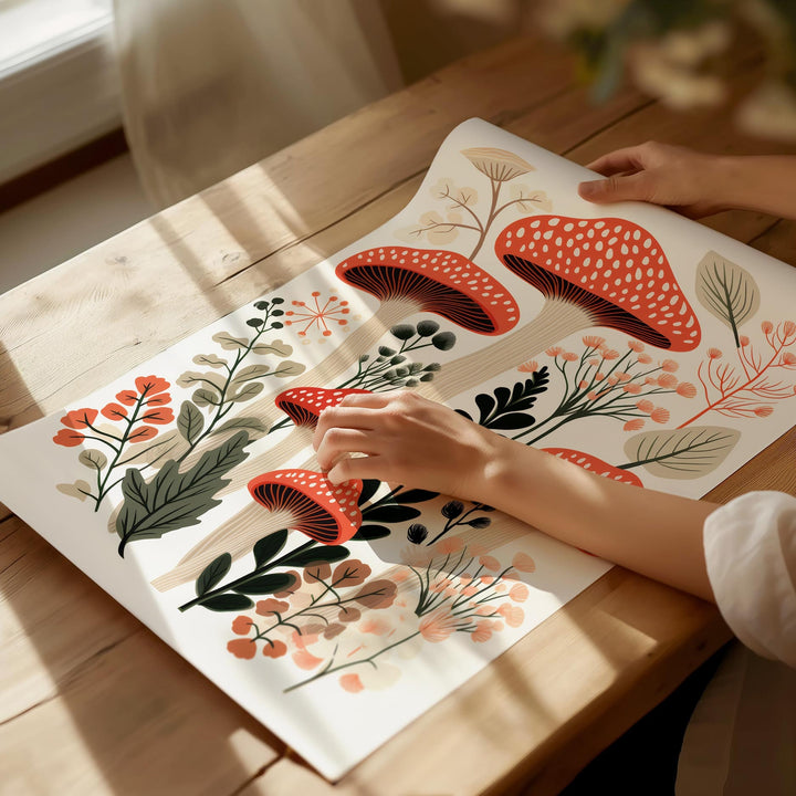 Boho Wild Mushroom Print, Minimalist Botanical Nature Wall Art, Modern Floral Fungi Poster, Wild Flowers Living Room Kitchen Decor, Food Art