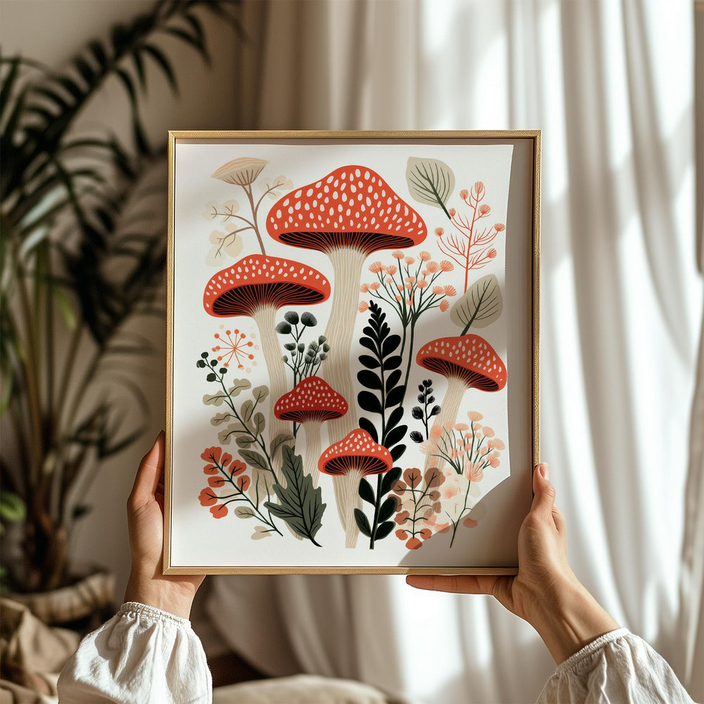 Boho Wild Mushroom Print, Minimalist Botanical Nature Wall Art, Modern Floral Fungi Poster, Wild Flowers Living Room Kitchen Decor, Food Art