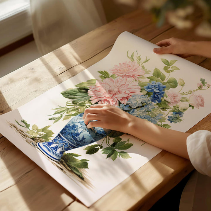 Chinoiserie Flower Vase Print, Blue Willow Oriental Wall Art, French Botanical Shabby Chic Vintage Watercolor Painting, Grandmillenial Decor