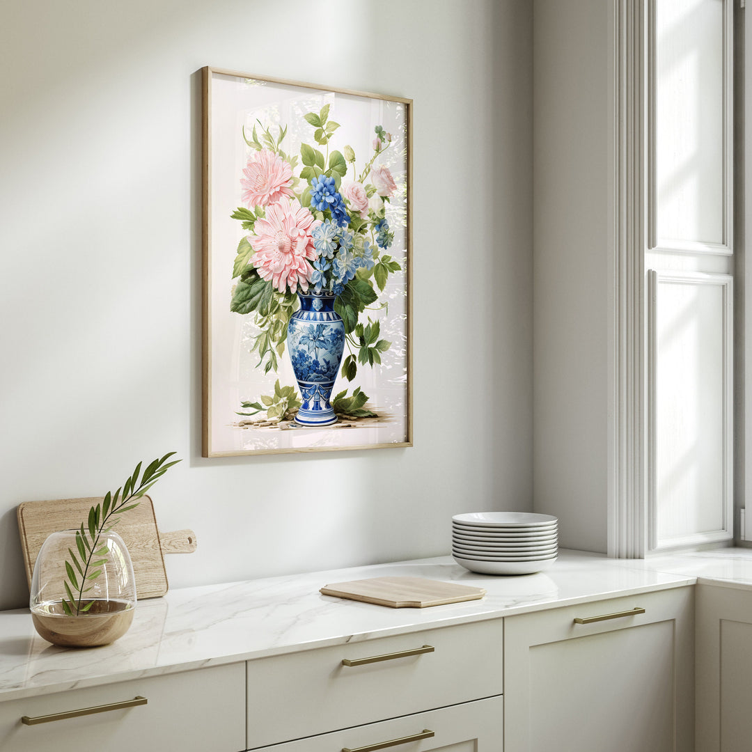 Chinoiserie Flower Vase Print, Blue Willow Oriental Wall Art, French Botanical Shabby Chic Vintage Watercolor Painting, Grandmillenial Decor