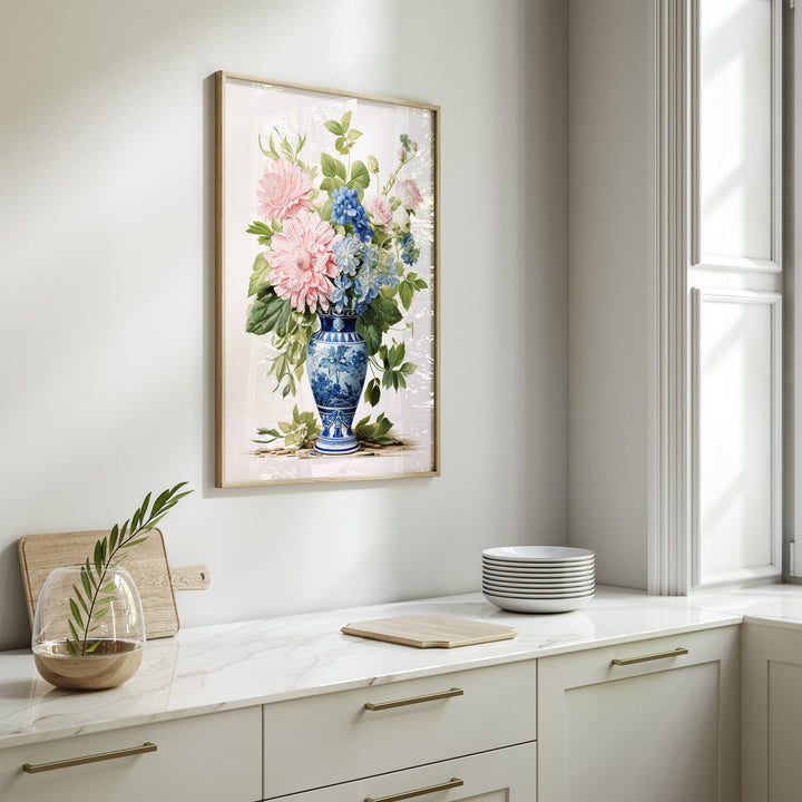 Chinoiserie Flower Vase Print, Blue Willow Oriental Wall Art, French Botanical Shabby Chic Vintage Watercolor Painting, Grandmillenial Decor