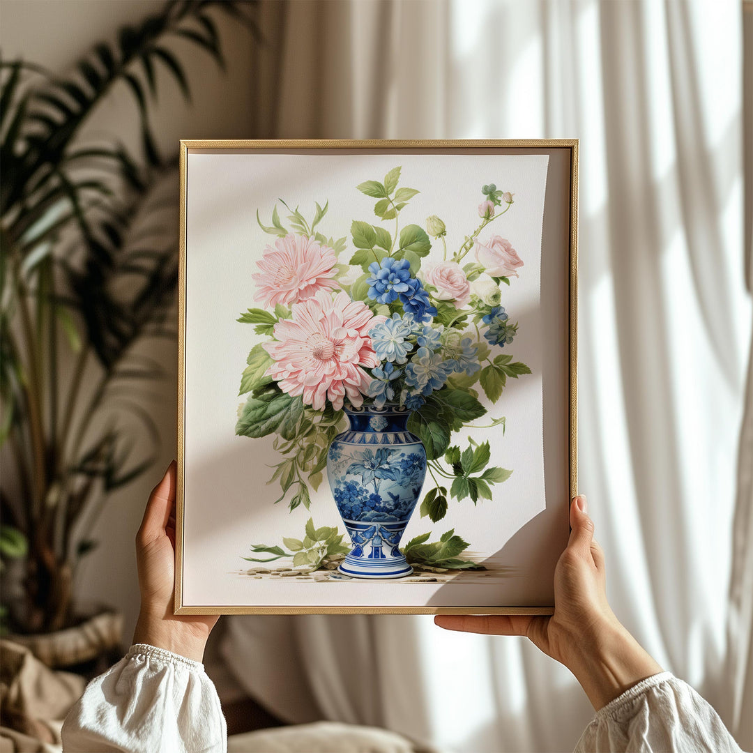 Chinoiserie Flower Vase Print, Blue Willow Oriental Wall Art, French Botanical Shabby Chic Vintage Watercolor Painting, Grandmillenial Decor